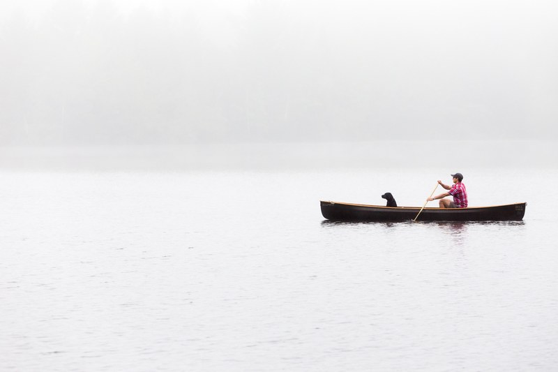 man and dog on a foggy morning canoe ride through a calm lake, morning ride 4k