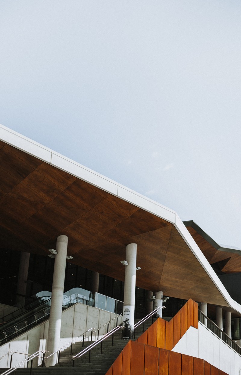 an empty staircase under an angular roof in darling harbour, staircase under angular roof 4k