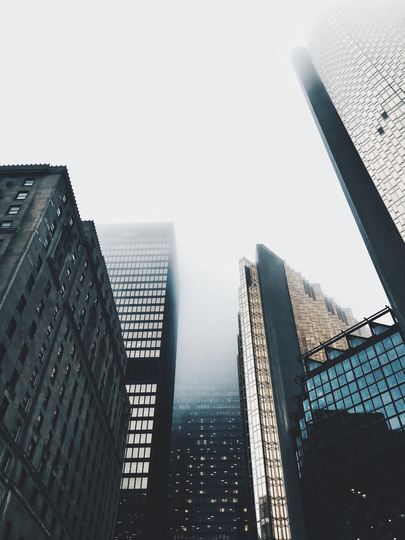 tall skyscrapers near the union station enveloped in fog, toronto buildings in fog 4k