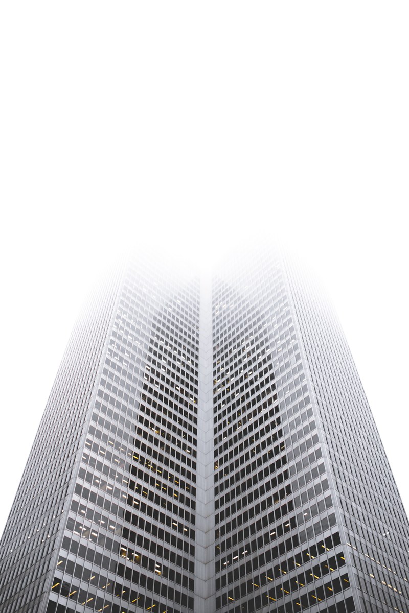 looking up at foggy skyscrapers in place ville marie, fade away_ 4k