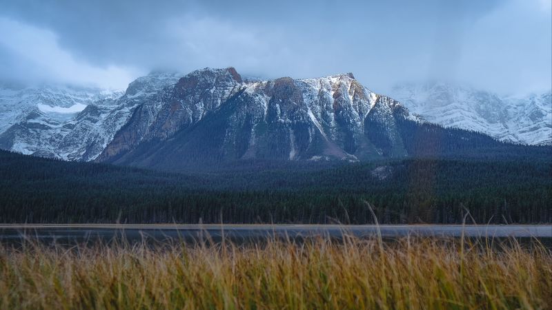 mountains, snowy, grass, road, 4k