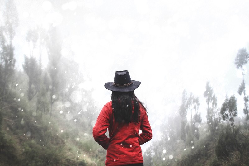 a lady with a red sweater and a black brimmed hat staring into the winter forest in kintamani bali, bali winter forest 4k