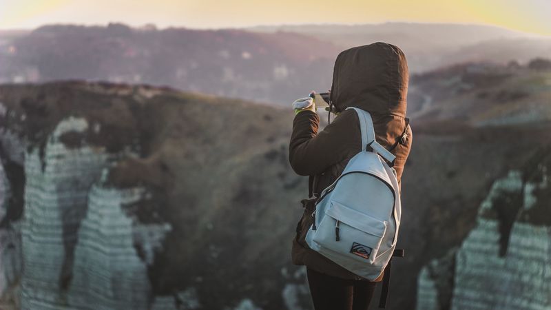 man, tourist, backpack, mountains, travel, 4k