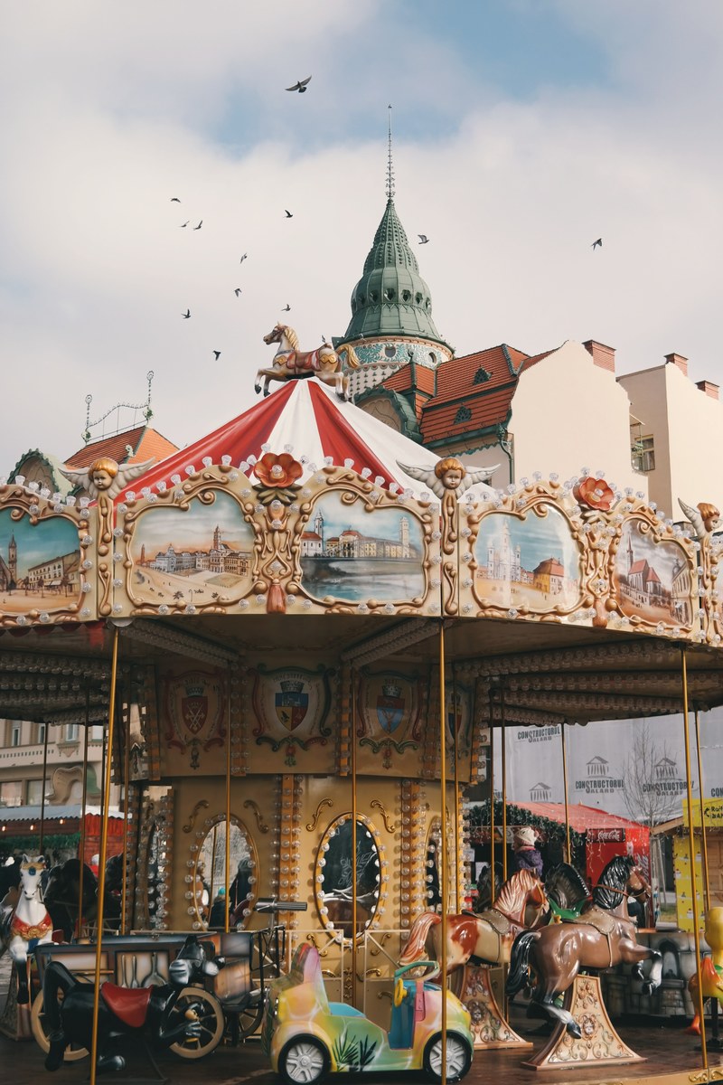 carousel playground ride and building hd, 4k