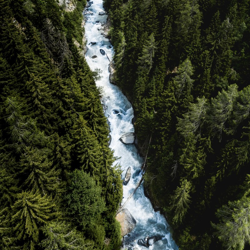 a drone shot of the forest and the whitewater river in mhlebach vs, river flowing quietly 4k