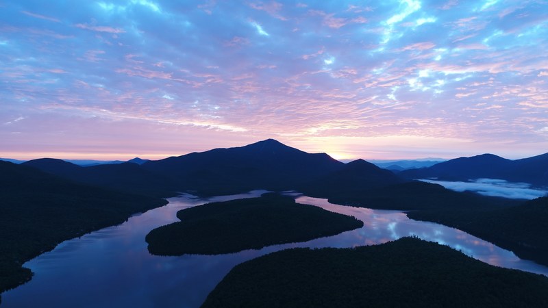 flying over lake placid at dawn 4k
