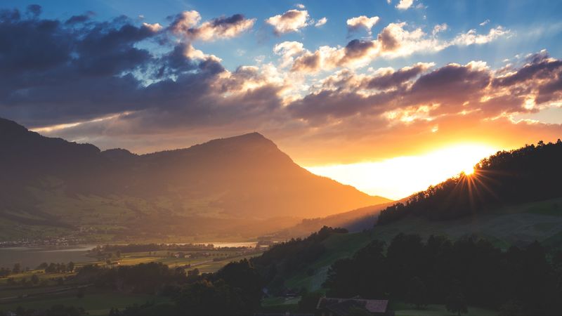 mountains, light, sun, sky, clouds, 4k
