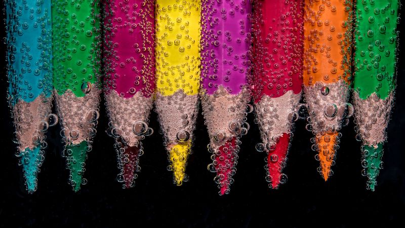 color pencils, bubbles, close-up, 4k