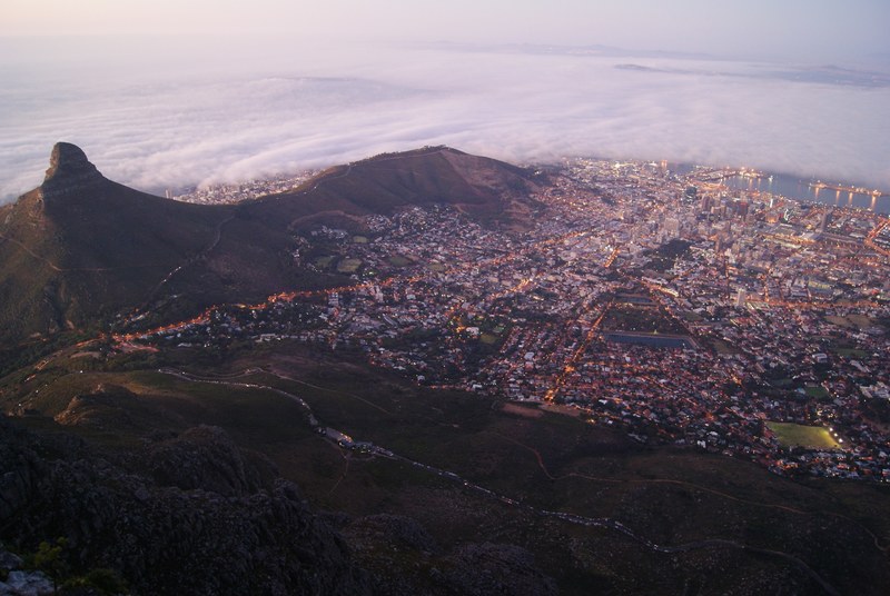 aerial drone shot of lions head and city at dusk, lions head at dusk 4k