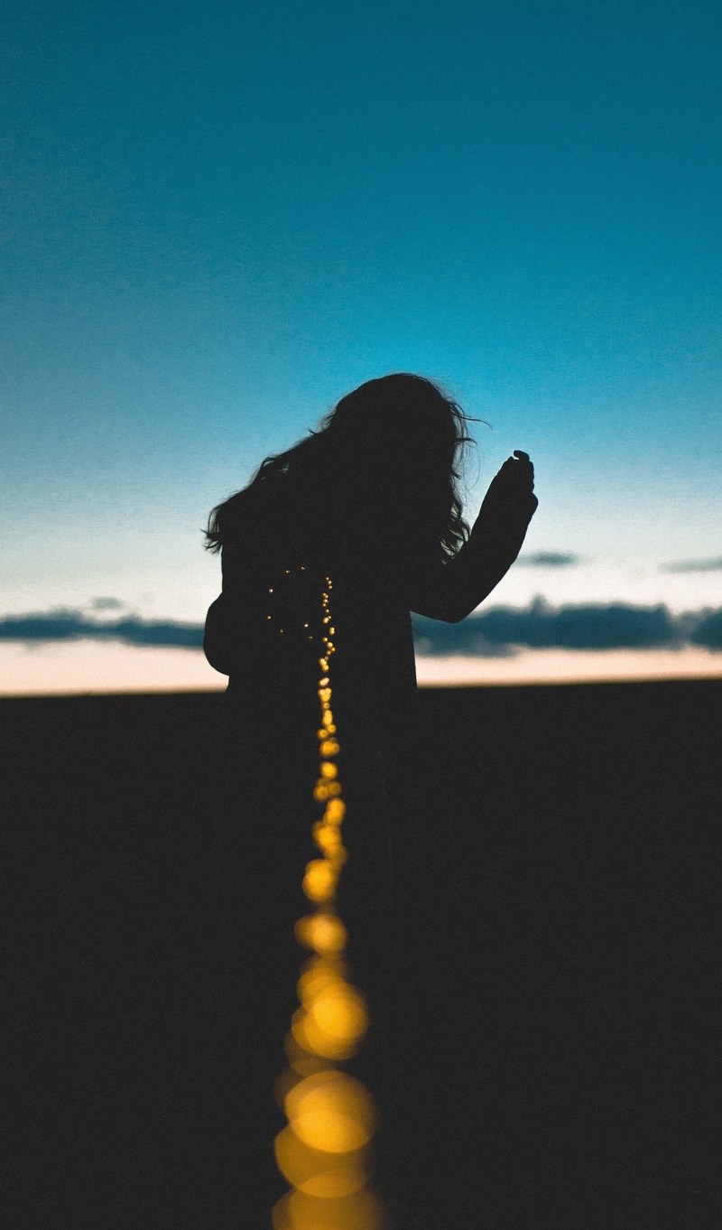 silhouette woman fairy light and dusk hd, 4k