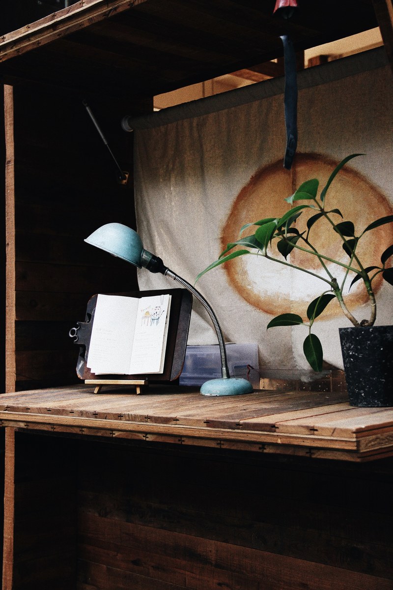 a vintage desk with an open notebook a potted plant and a lamp, winter days in wuzao 4k