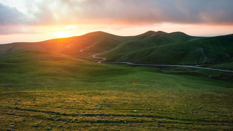 valley, grass, sunset, path, 4k