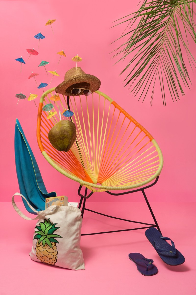 colorful tropical scene with sunglasses straw hat chair and sandals and pink background wall guadalajara, tradicional acapulco 2 4k