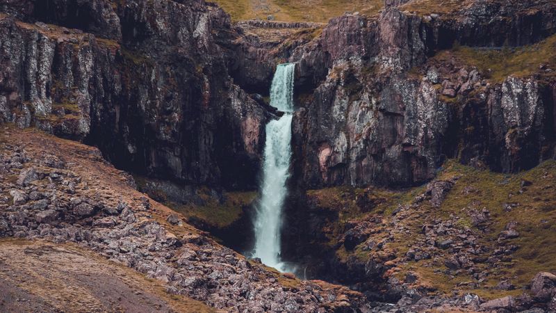 waterfall, rocks, mountains, 4k