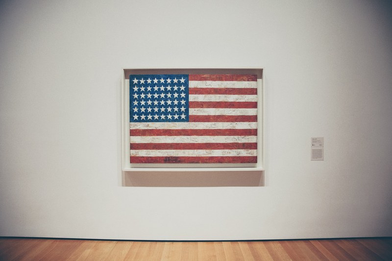 an american flag painting on a wall in a museum, american flag in museum 4k