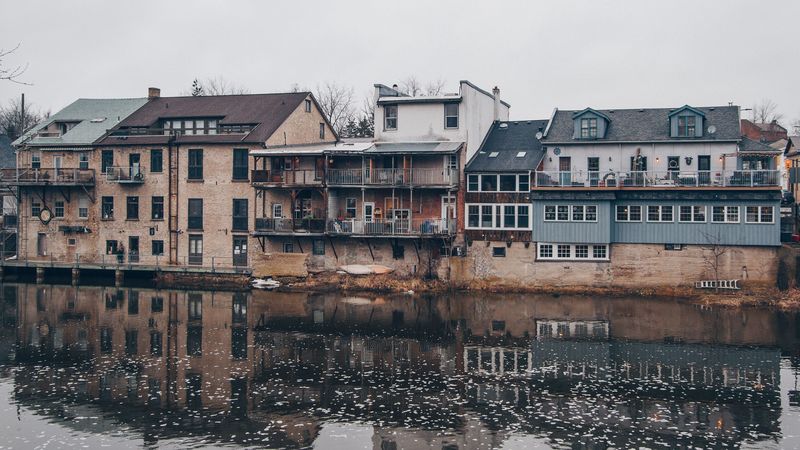 buildings, river, reflection, 4k