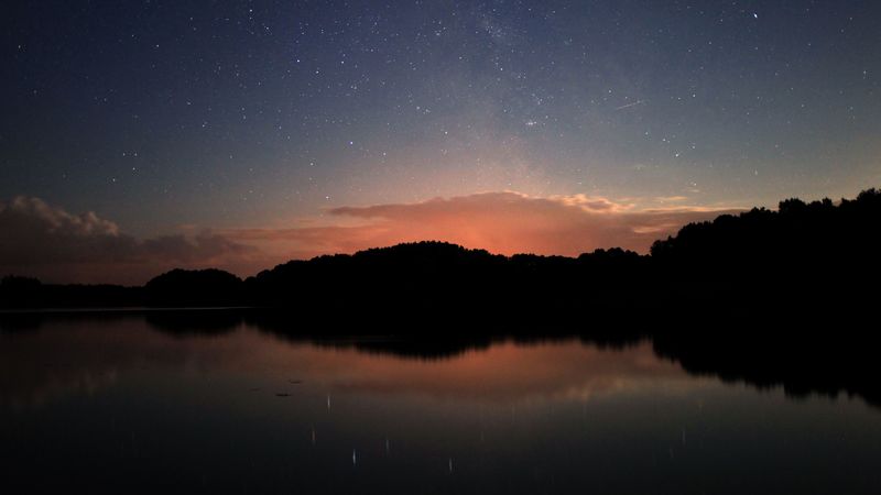 sunset, skyline, lake, reflection, 4k