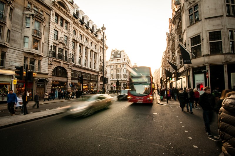 time lapse shot of busy london street silver car red double decker bus pedestrians on sidewalk, time lapse london red bus 4k