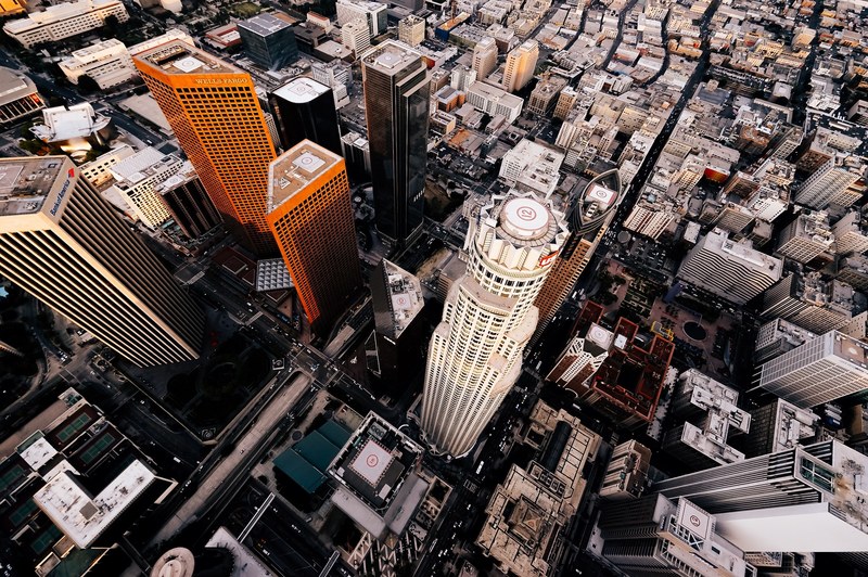 a drone shot of the downtown of a large city, downtown la aerial shot 4k