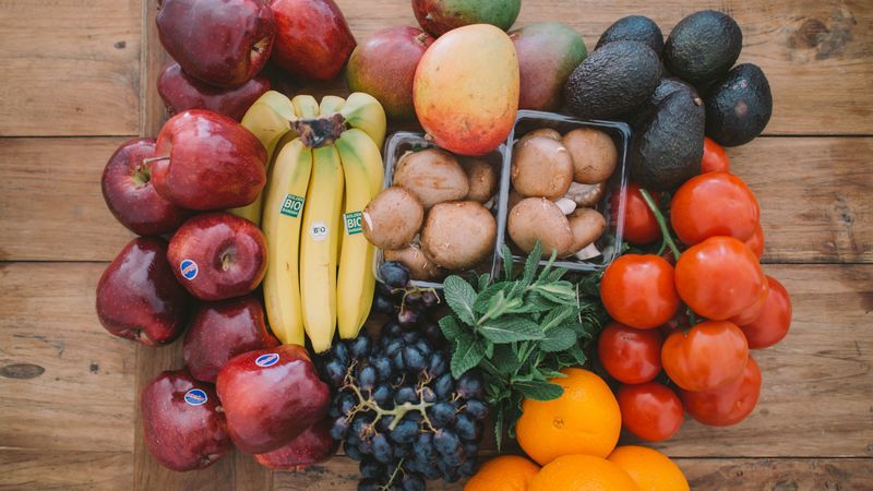 fruit, bananas, grapes, oranges, mushrooms, avocado, 4k