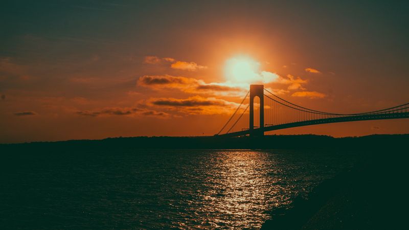 bridge, sunset, sea, 4k