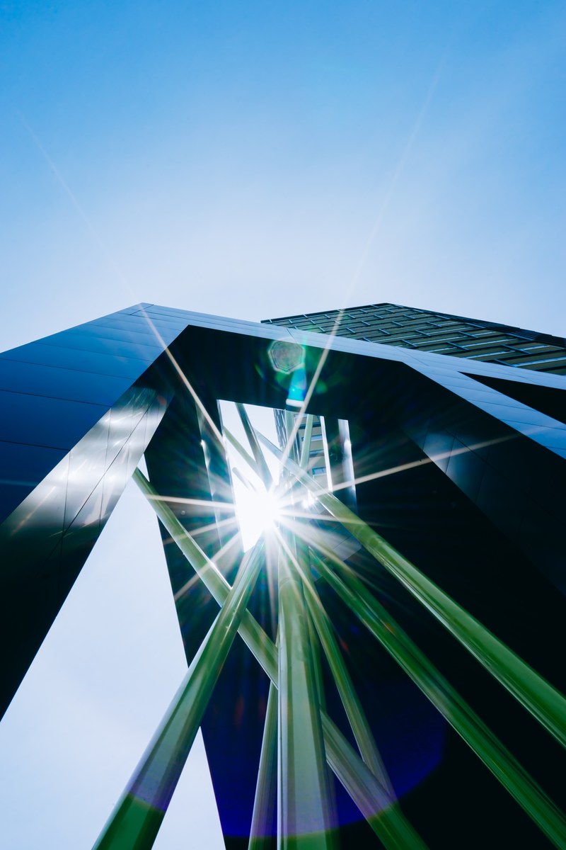 blue sky building facade and sun flare hd, 4k