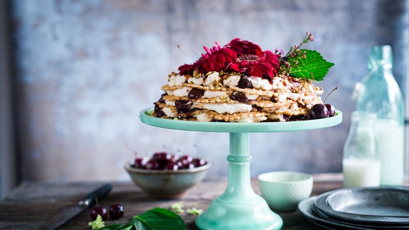 cake, waffles, flower, berries, 4k