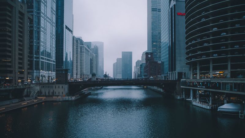 bridge, building, skyscrapers, river, 4k