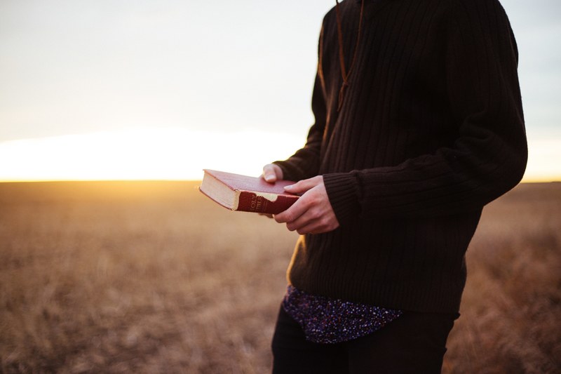 man in sweater holding bible with two hands in a field during sunset, man with bible sunset 4k