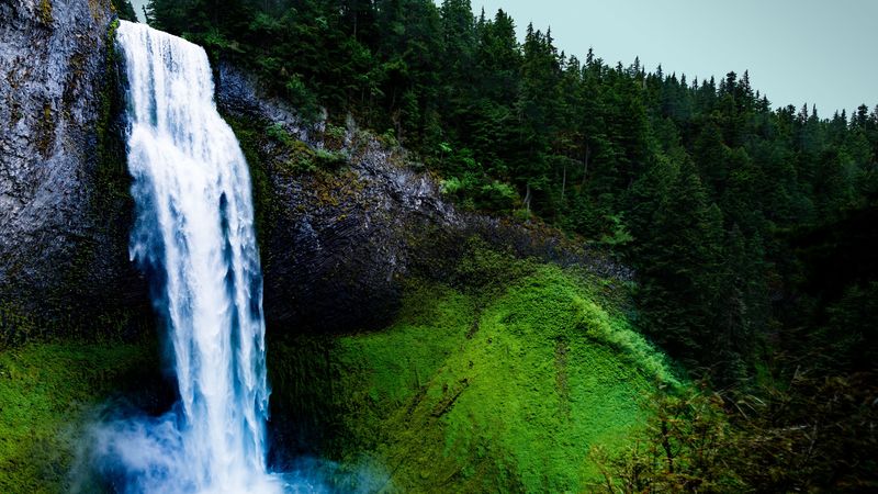 waterfall, moss, rock, 4k