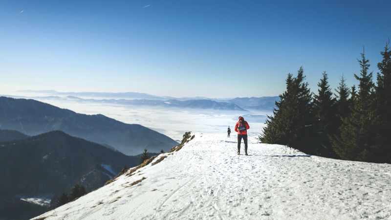 skiers, mountains, snow, 4k