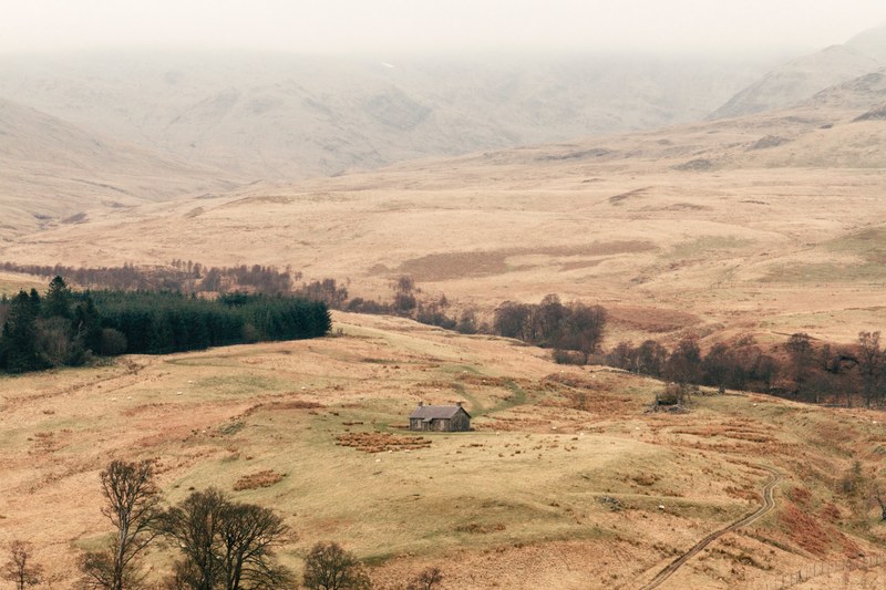 a lone cabin in the middle of a hilly landscape, _hill cabin 4k