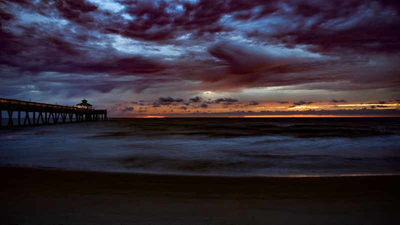 bridge, pier, sunset, evening, 4k