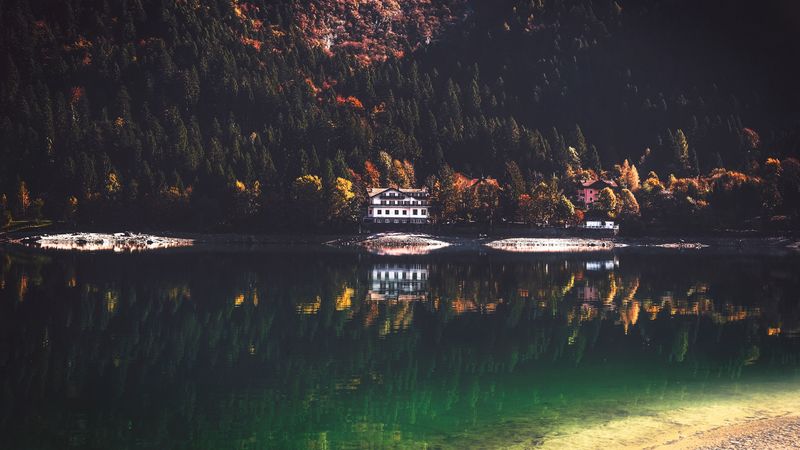 lake, house, hill, reflection, 4k