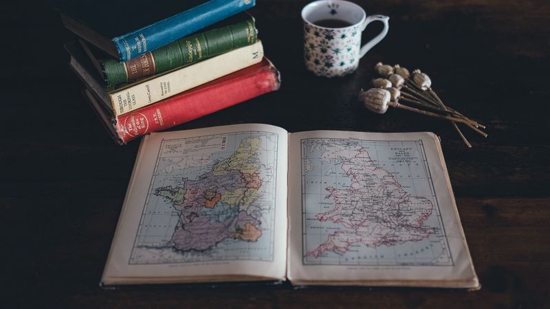 map, book, poppy seeds, cup, 4k