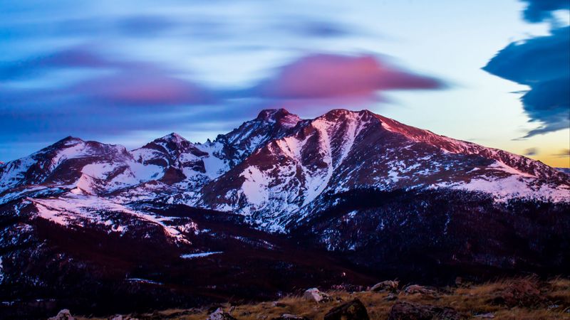 mountains, peaks, snow, sunset, 4k