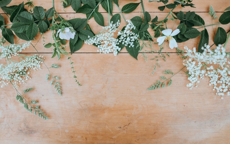 an overhead shot of various white flowers with their leaves on a wooden surface, floral desktop 4k