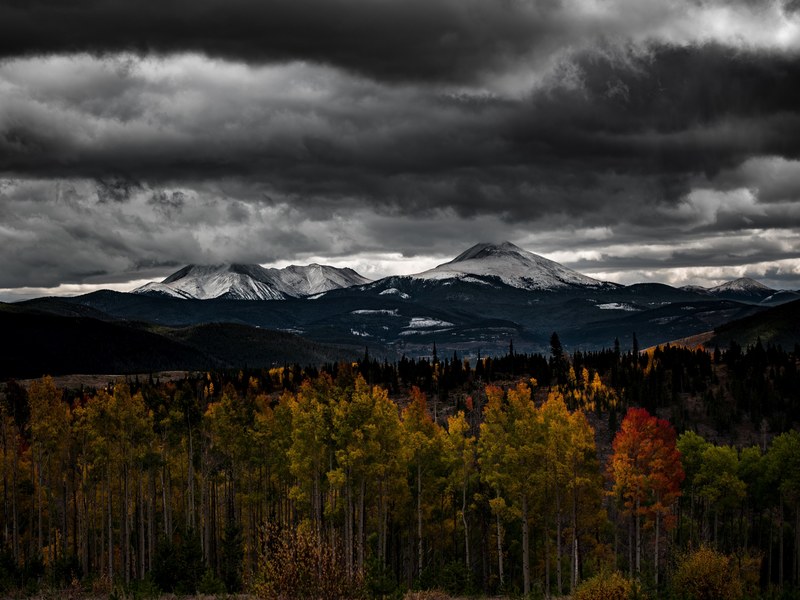 tall autumn colored trees and snow capped mountains on the horizon in silverthorne, heavy clouds over mountains and woods 4k