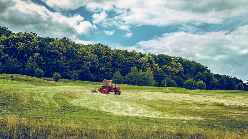 tractor, field, grass, agriculture, 4k