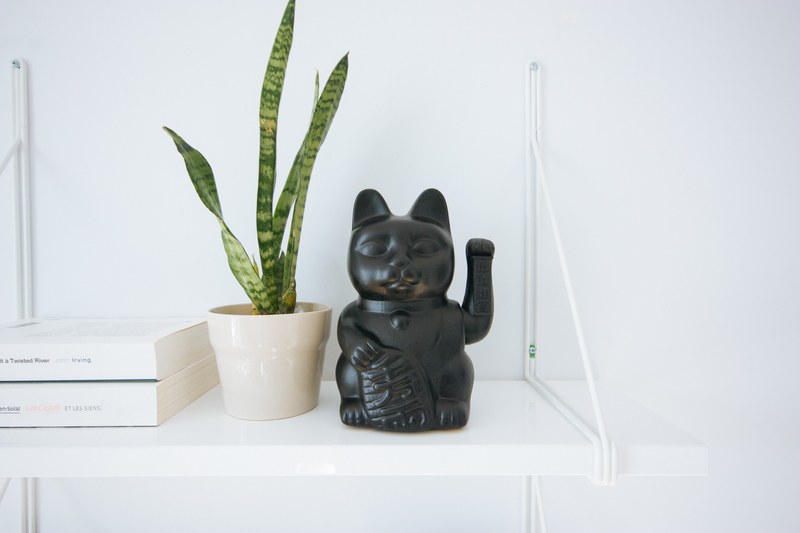 a black maneki neko figurine depicting a beckoning white cat next to a flowerpot and two books on a shelf, lucky cat 4k