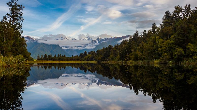 river, mountains, forest, reflection, 4k