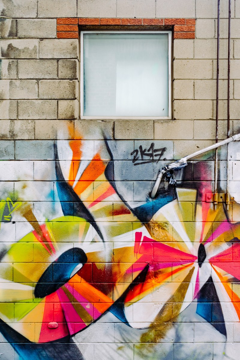 colorful urban street art graffiti mural on pale wall under window 507 king st e, colorful wall graffiti 4k