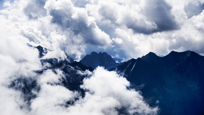 mountains, clouds, high, sky, 4k