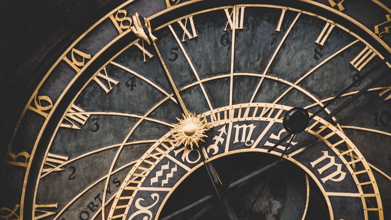 wall clock, roman numerals, zodiac signs, 4k