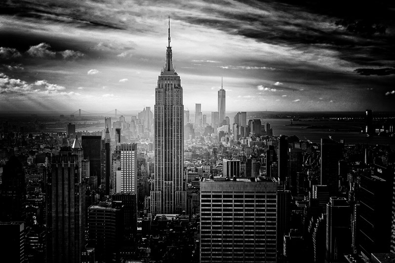 black and white photo of the empire state building and downtown new york city skyline, 102 stop elevator ride to heaven 4k