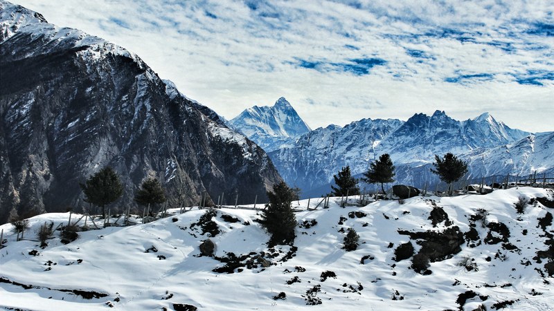 mountains tower over a snowy slope with trees and a fence under a cloudy sky in auli, a fence across a snowy mountain at auli 4k