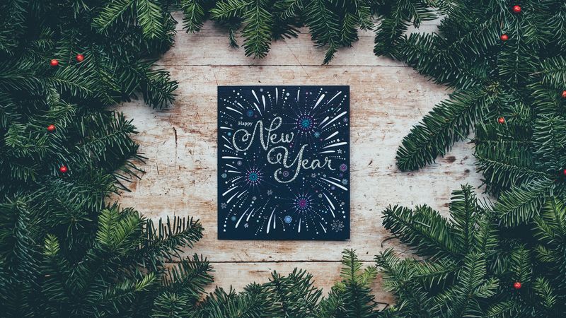 new year, postcard, branches, spruce, 4k