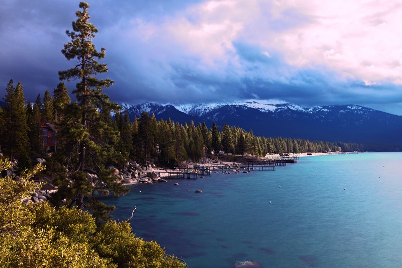 several piers on lake tahoe in the mountains, piers on a mountain lake 4k
