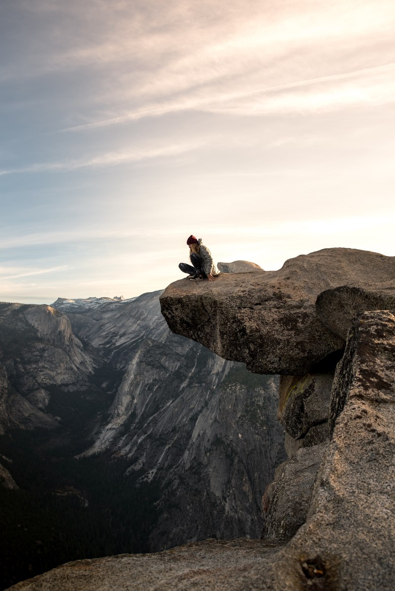 mountain rock ledge and woman hd, 4k