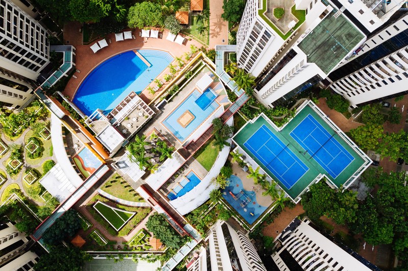 aerial hotel pool and swimming pool 4k